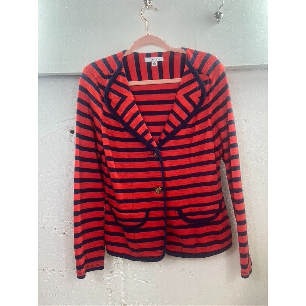 CABI WOMENS MED BLue RED STRIPED NAUTICAL 2 BOTTON KNIT TOP